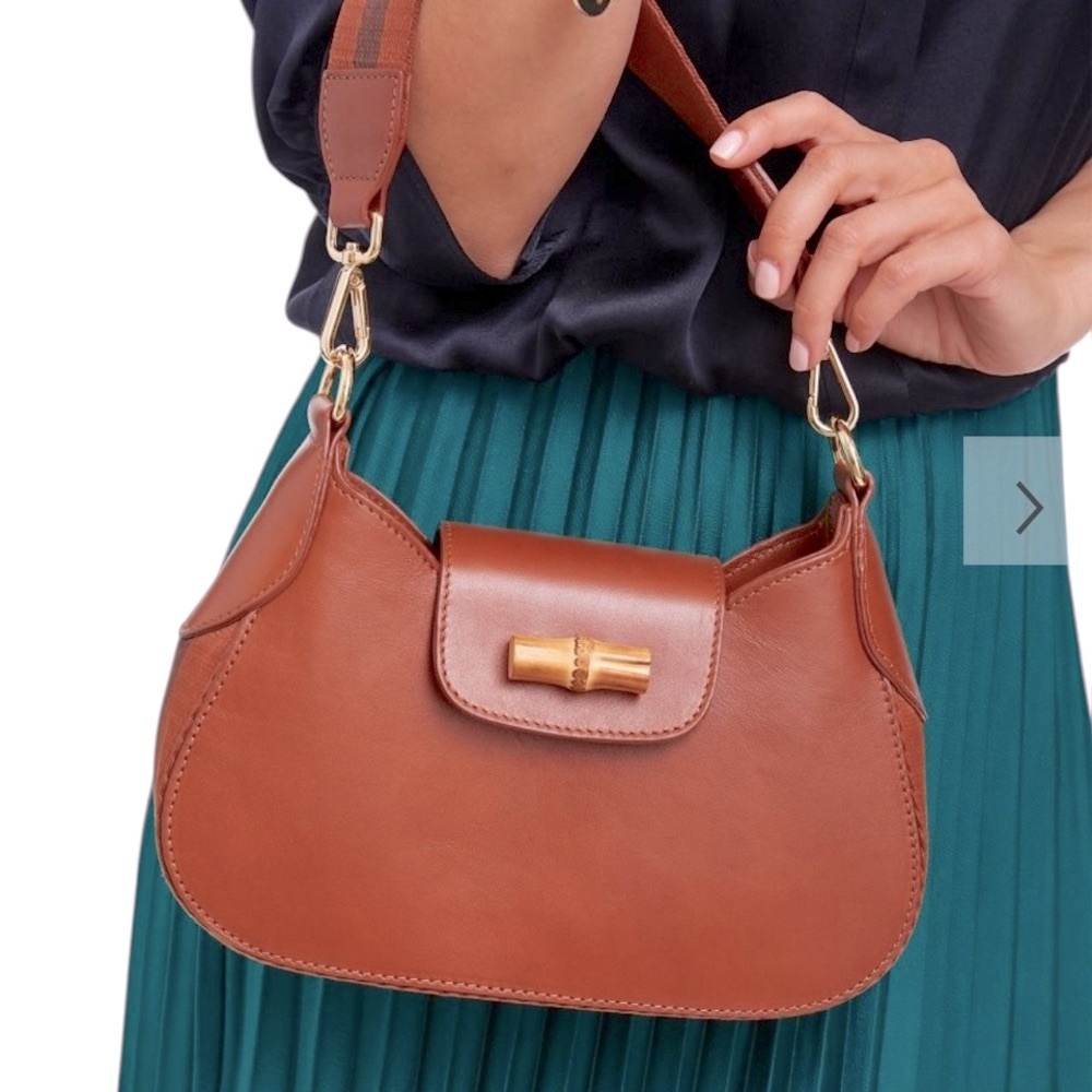 MARK & GRAHAM TAYLOR TWILL LEATHER CRESCENT SHOULDER BAG striped twill side